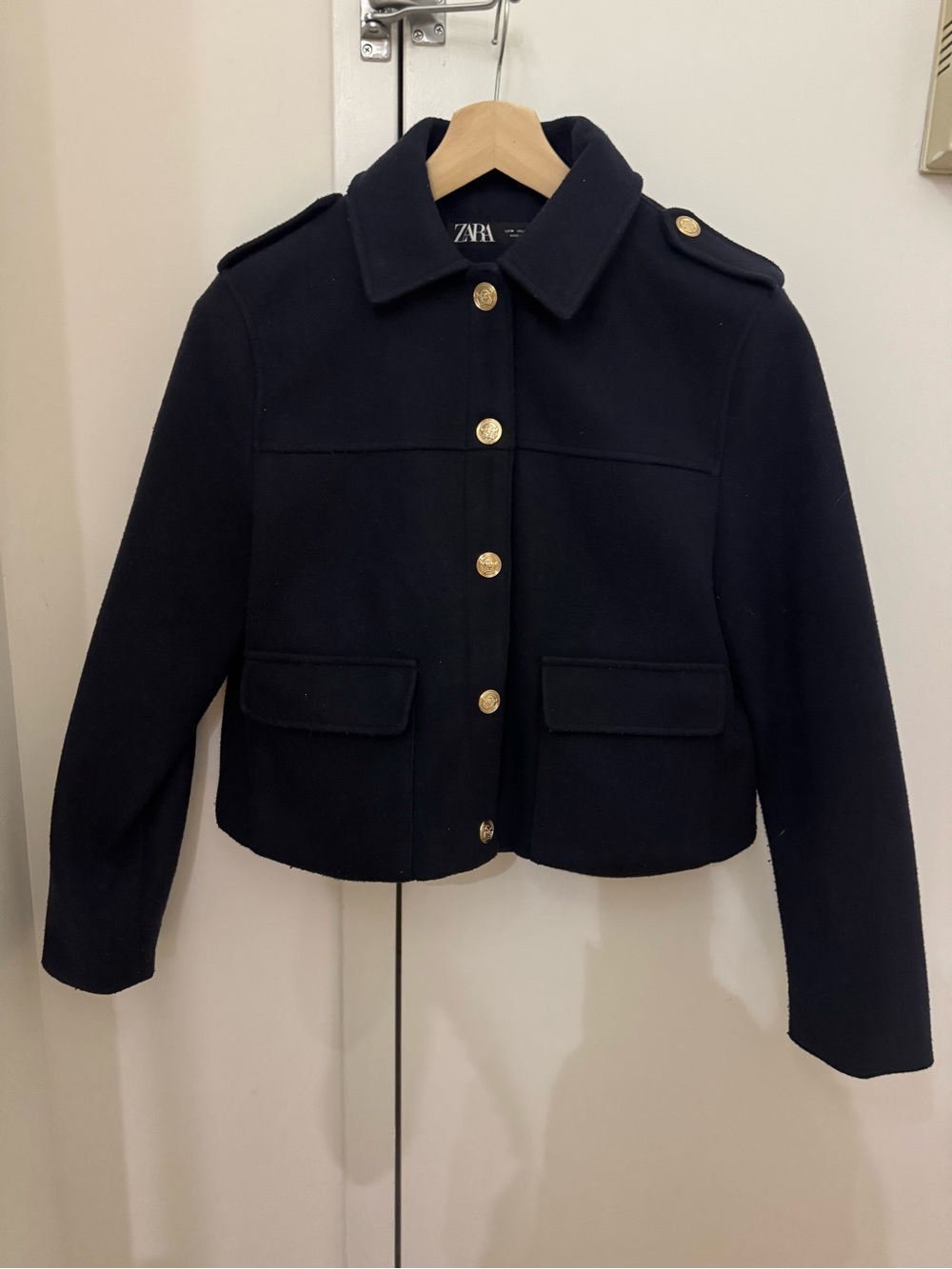 ZARA Navy Wool-Blend Military Pea Coat with Gold Buttons - Picture 2 of 3